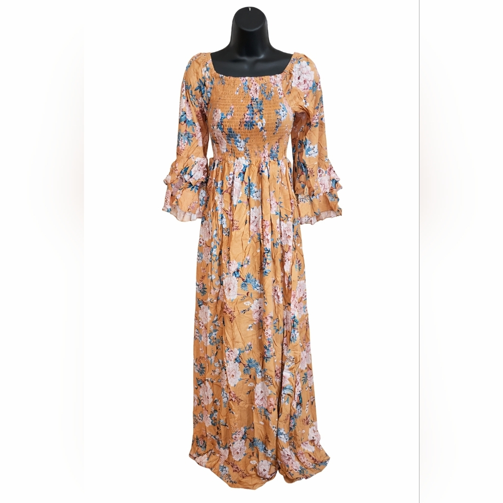 Cotton Smocked Maxi Dress Modest Jalabiya Boho Cottagecore Long Sleeve